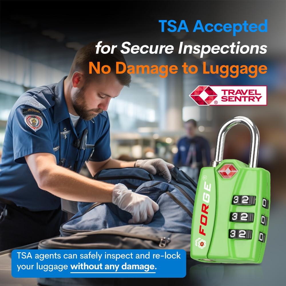Forge TSA Luggage Combination Lock - Open Alert Indicator, Easy Read Dials, Alloy Body- Ideal for Travel, Lockers, Bags (Green 2Pk)