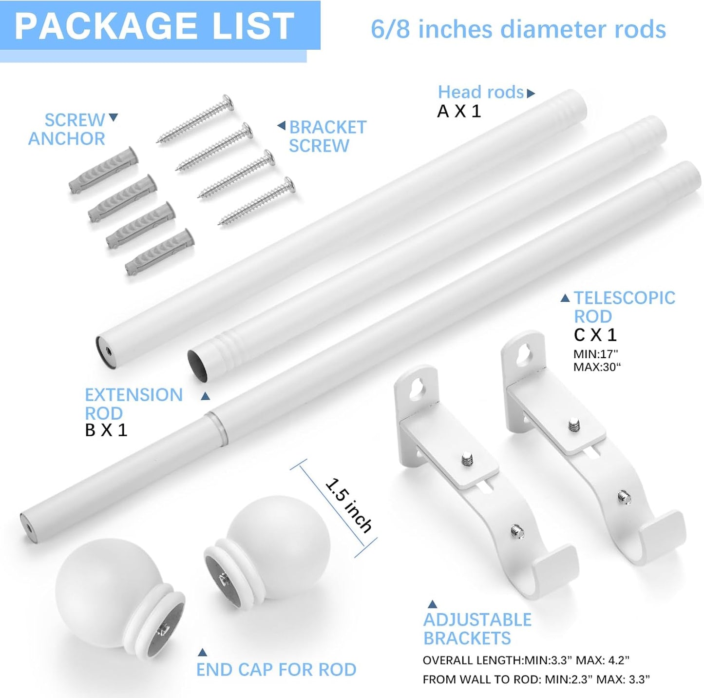 Curtain Rods for Windows 16 to 48 Inches, Curtain Rod Max Adjustable Length of 60 IN, 6/8" Diameter Drapery Rods Round Finials, White, Pack of 1