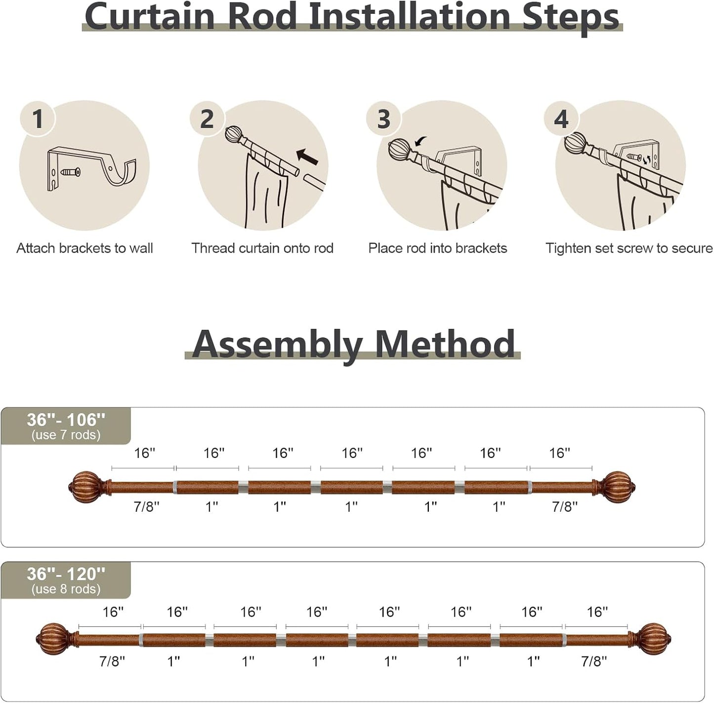 Dark Brown Wood Curtain Rods for Windows 66 to 120 Inch, 1'' Adjustable Heavy Duty Curtain Rod，Vintage Imitation Wood Decorative Drapery Rods with Pumpkin Finials for Bedroom Living Room