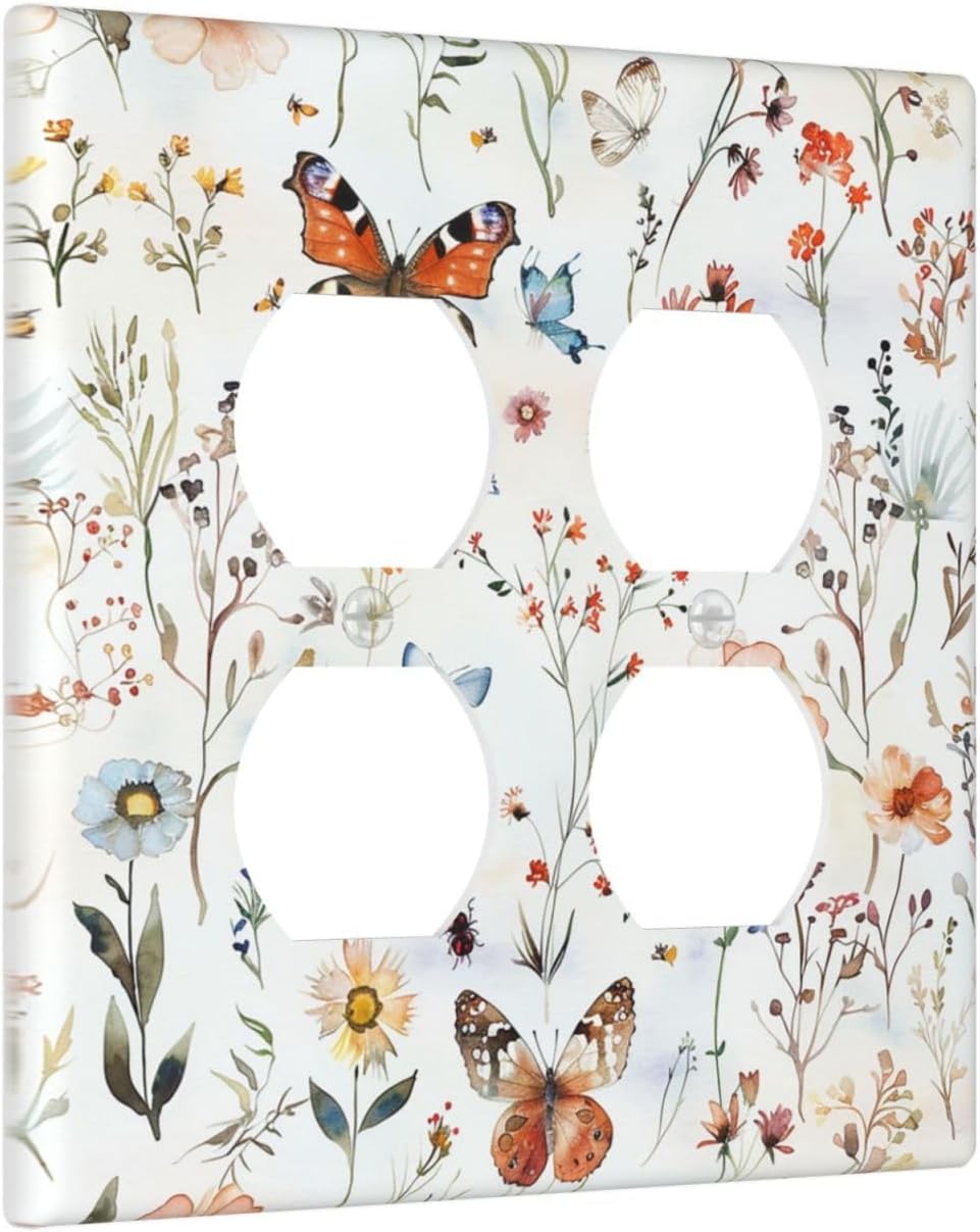 Outlet Covers Butterfly Floral Boho Multicolor Flower Leave 2 Gang Double Duplex Decorative Light Switch Covers Electrical Wallplates Socket Faceplate for Bed Room living Room Decor