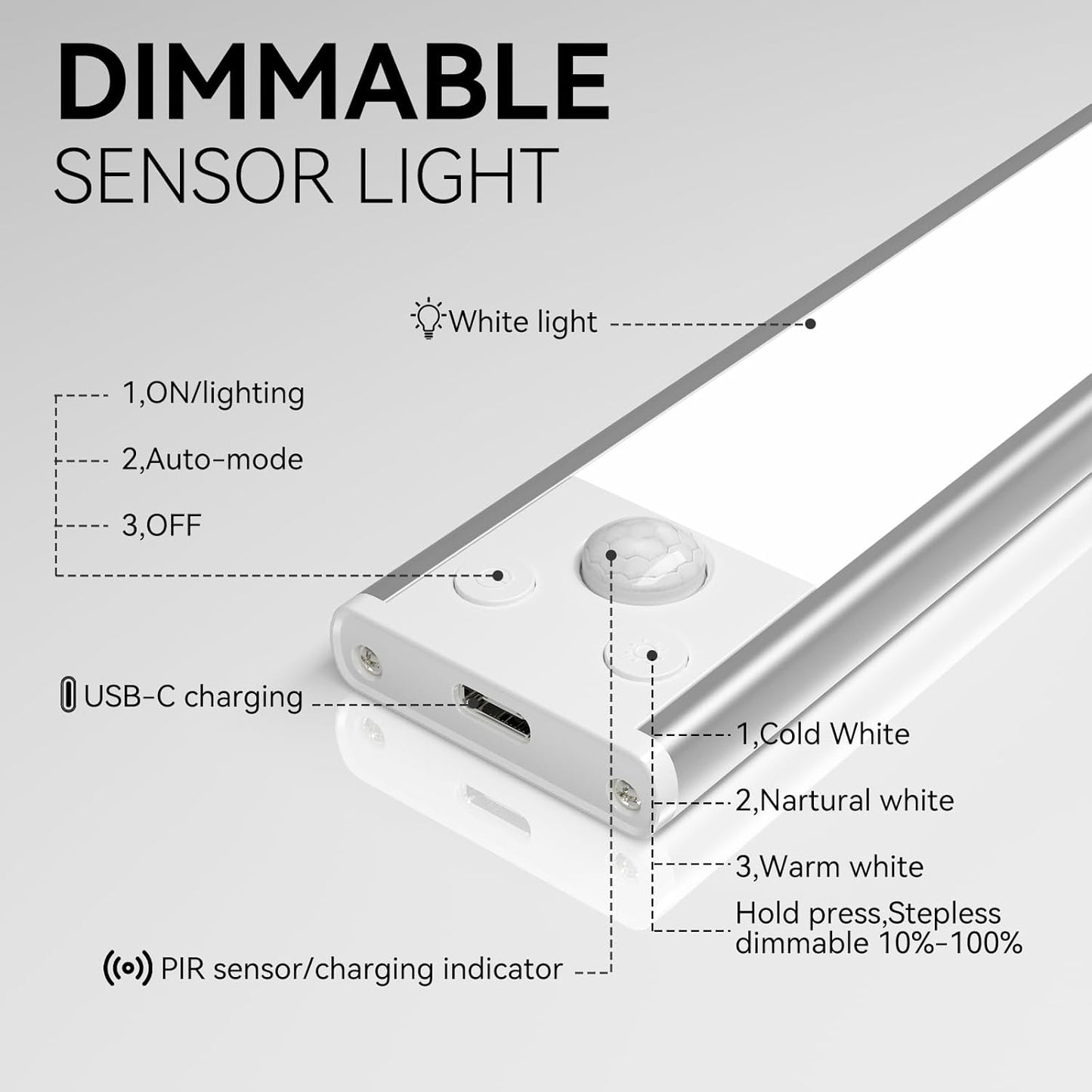 12inch Under Cabinet Lighting, 3 Color 2500mAh Magnetic Motion Activated Under Cabinet Lights, Rechargeable Closet Lights Battery Operated, Wireless Dimmable Under Counter Lights for Kitchen 2 Pack