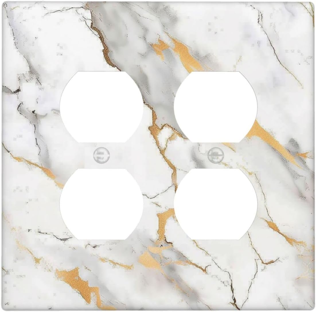 Outlet Covers Marbling Style White Background Gold Gray Stripes 2 Gang Double Duplex Decorative Light Switch Covers Electrical Wallplates Socket Faceplate For Bathroom Kitchen Decor