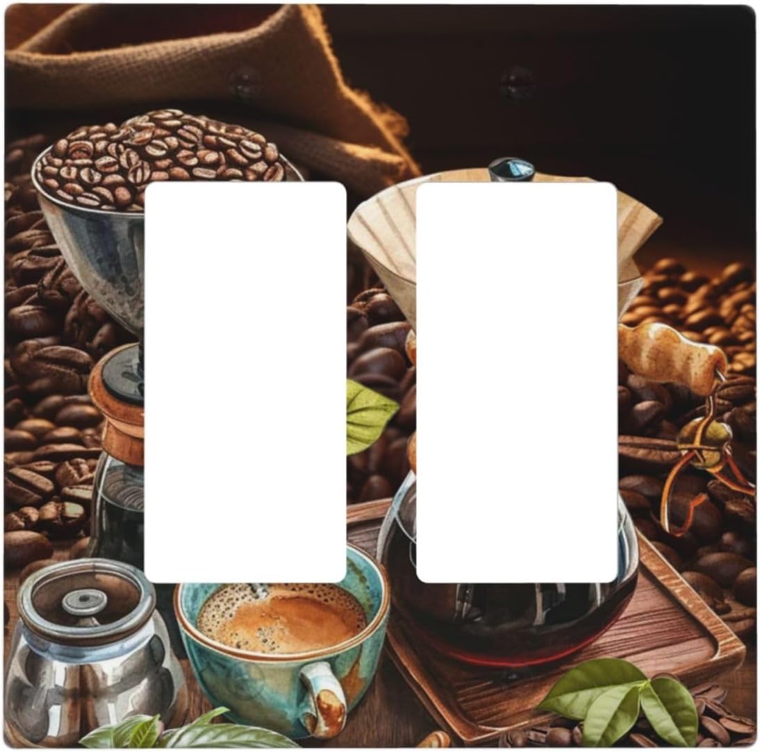 Decorative Outlet Covers Retro Coffee Maker Beans Cup 2 Gang Wall Plate Double Rocker Two Switch Wall Cover Plate Jumbo Dual GFCI Faceplate for Kirchen Home Decor
