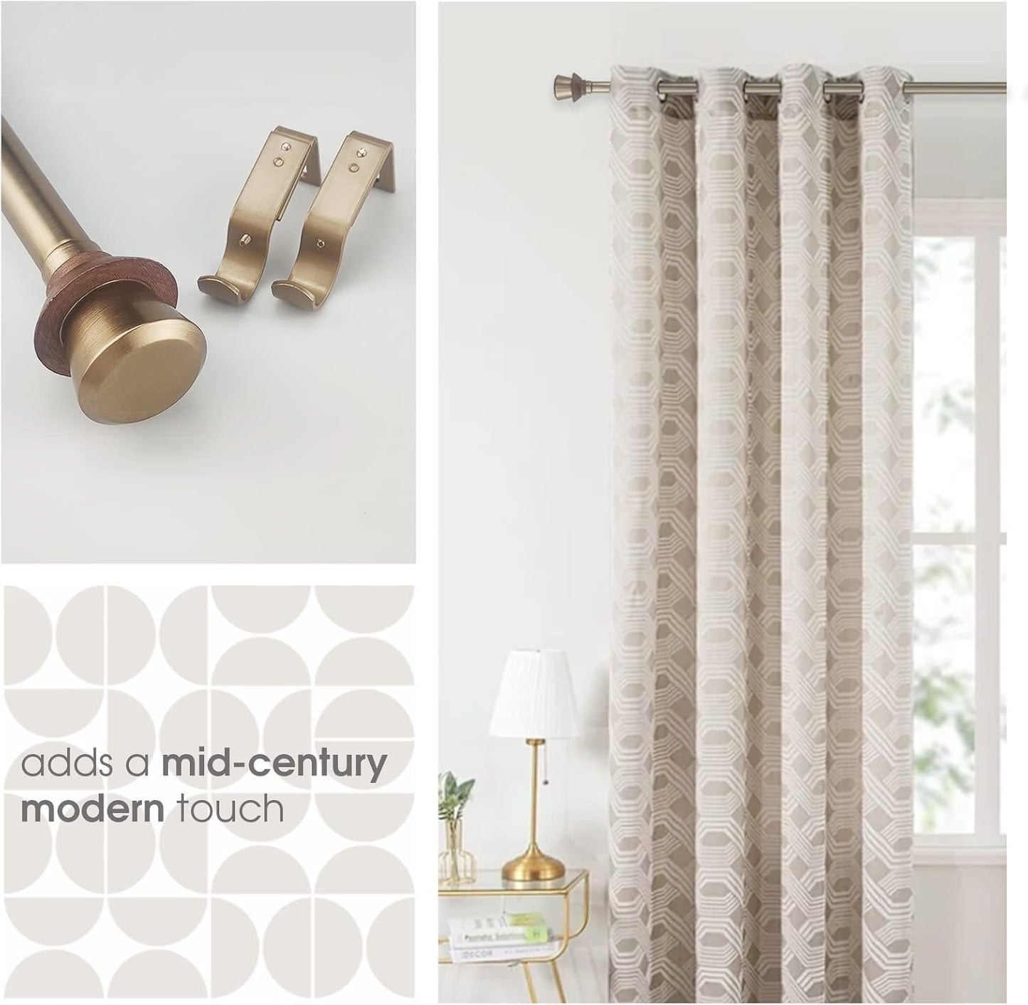 Modern Style Single Curtain Rod Set with Antique Brass Round Wood Look Finial, 36-72 in, Standard Single Whtie Drapery Rod for 1 Pack, 1 in diameter, Adjustable Length