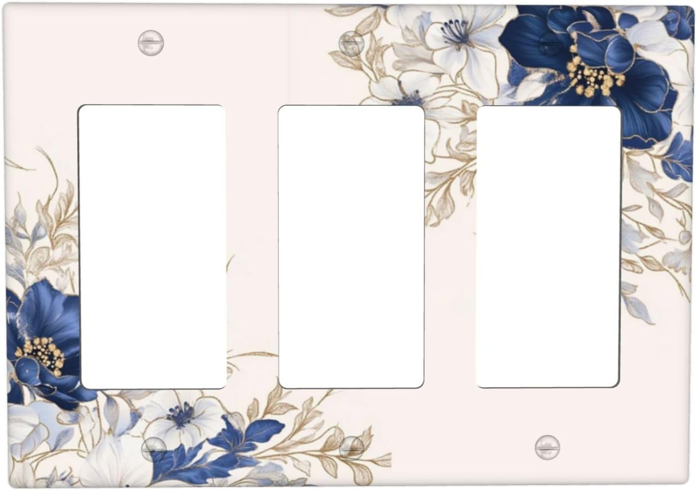 Decorative Outlet Covers Rustic Blue White Flowers Floral Penoy 3 Gang Wall Plate Triple Rocker Light Switch Cover Plate Jumbo Electrical GFCI Face Plate for Bedroom Home Decor