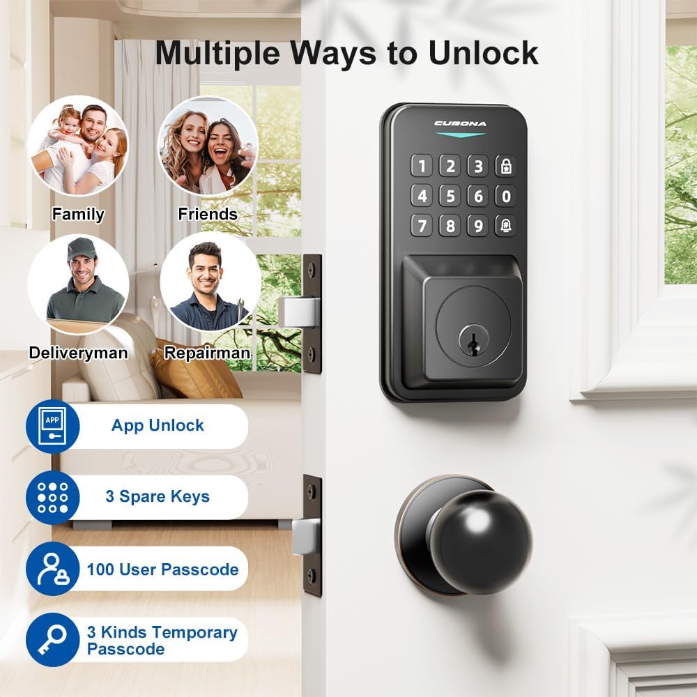 Keyless Entry Door Lock with 2 Door Knobs & Electronic Backlit Keypad, App Control Deadbolt Lock Support One-Touch Locking & Auto Locking,Easy Install, Anti-Peeping Code (01-Black)