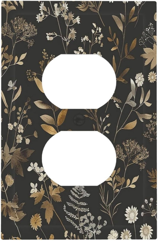 Outlet Covers Black Gold Floral Dark Leaves Vintage Flowers 1 Gang Duplex Light Switch Cover Decorative Switch Plates Electrical Receptacle Faceplate Wall Plate for Bed Room Home Decor