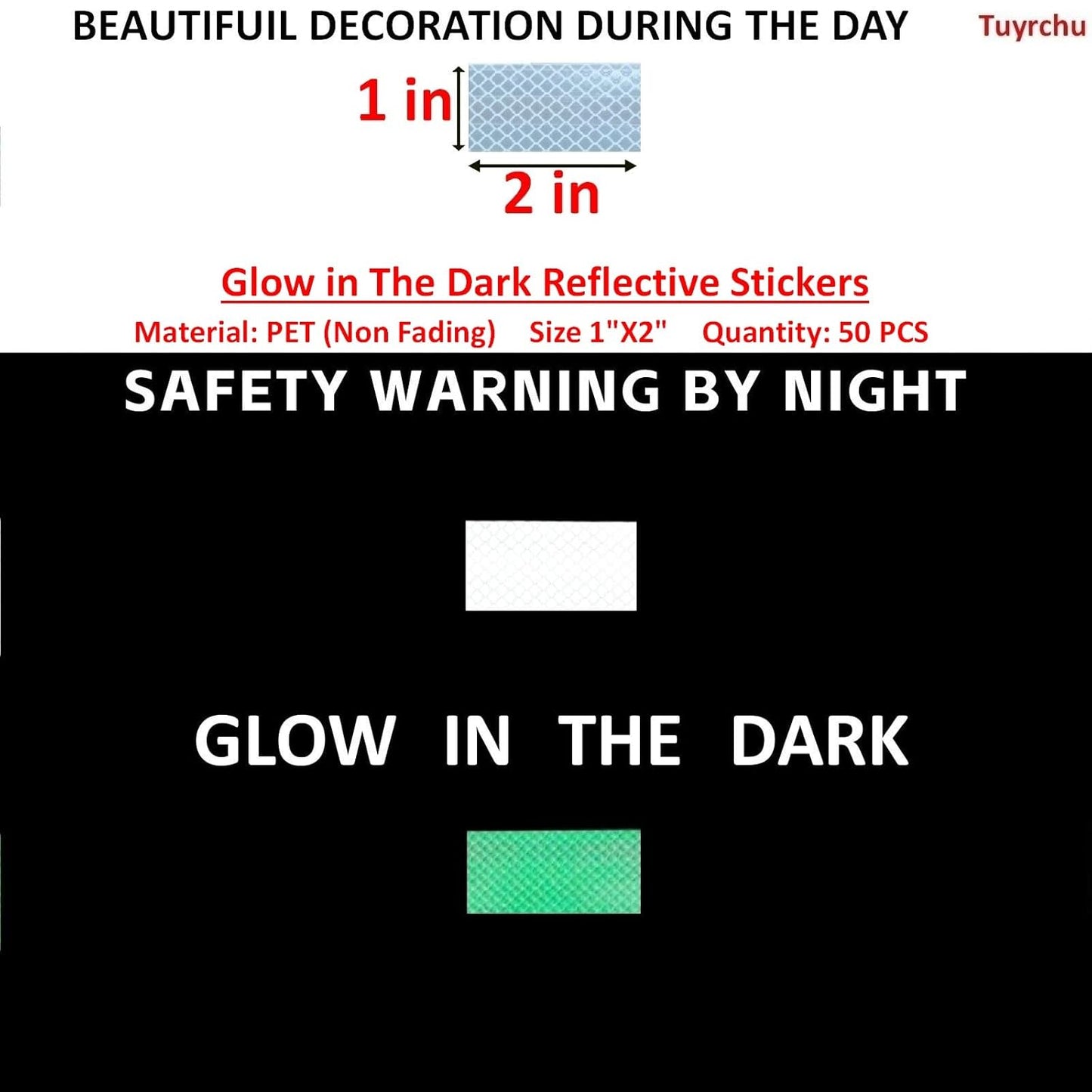 Glow in The Dark Reflective Stickers 1 inch X 2 inch for Truckskes, Warning Strong Safety Adhesive Reflective Strips (50 Pcs)