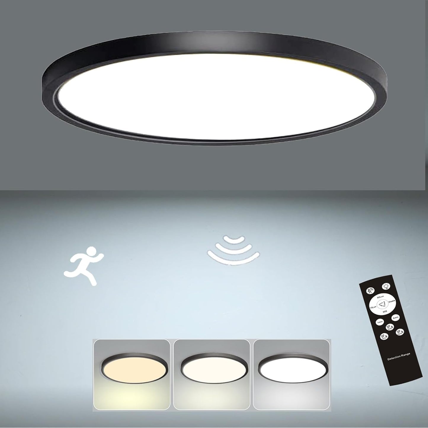 12 Inch Motion Sensor Ceiling Light Indoor Wired, Motion Activated Flush Mount Light Fixture, Motion Sensor Light Indoor for Closet Hallway Porch Laundry Garage Basement, 3000k/4000k/6000k Black