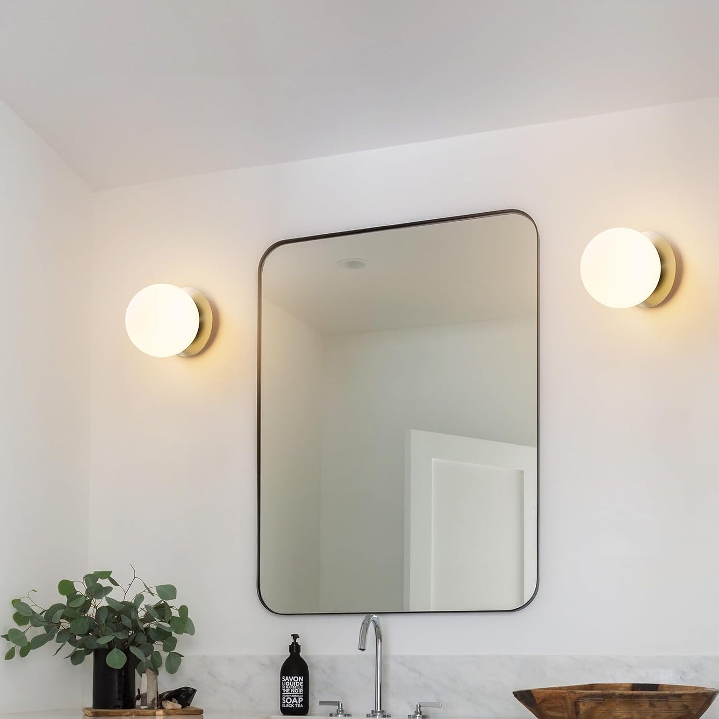 Modern Glass Globe Wall Sconce: Brushed Nickel Single Light with Milk Glass Shade - Minimalist Spherical Vanity Sconces over Mirror - Contemporary Ball Wall Lights Fixtures for Entryway Bulb Excluded
