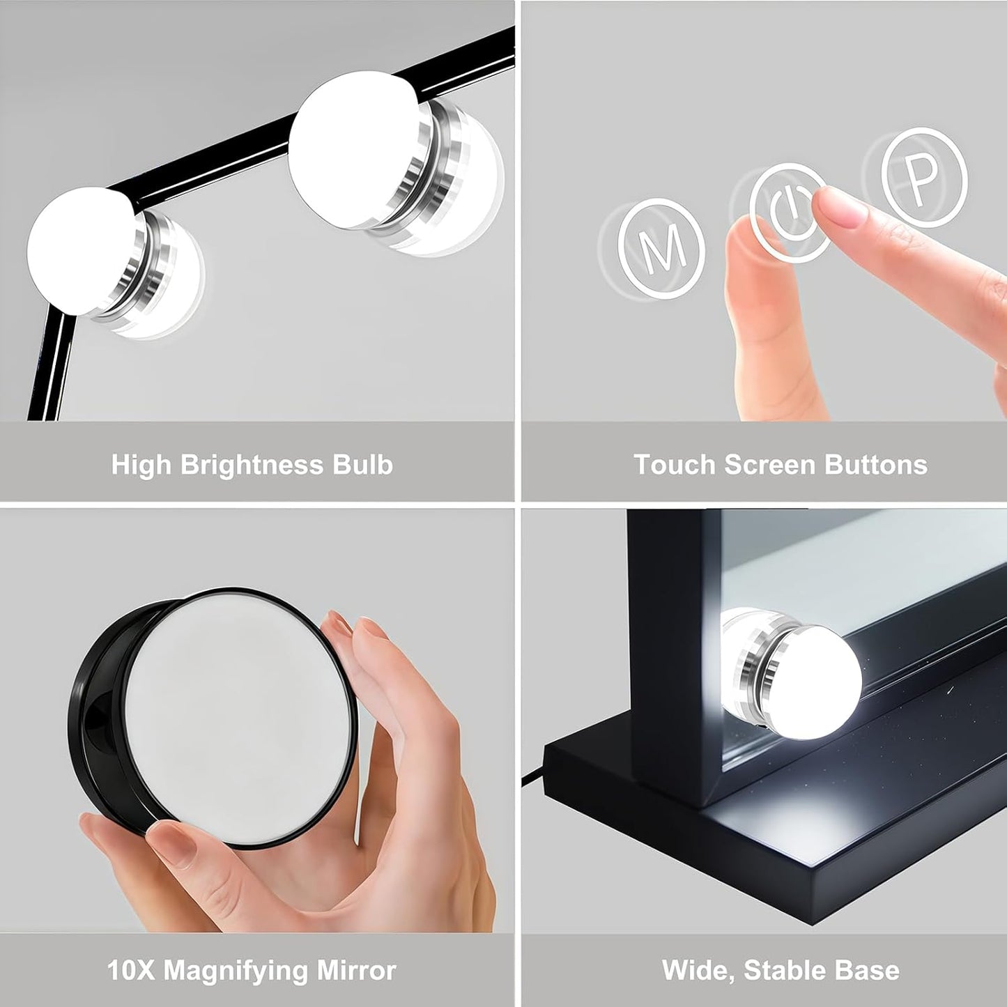 Lighted Vanity Mirror, Hollywood Style, 14.5 Inch LED Makeup Mirror, White/Black, Metal Frame, 10x Magnification, 3 Dimming Modes, Smart Touch Control (Black)