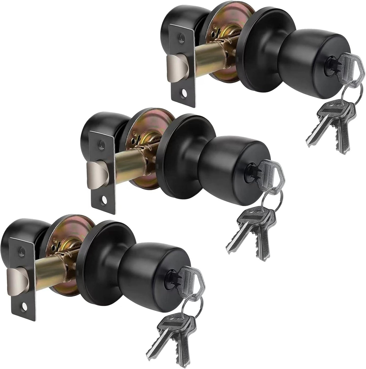 JO.KO Door Knob with Lock and Keyed, Round Ball Lock Interior/Exterior Door Knob for Bedroom Or Bathroom/Entry Door Handle (Matte Black 3Pack)