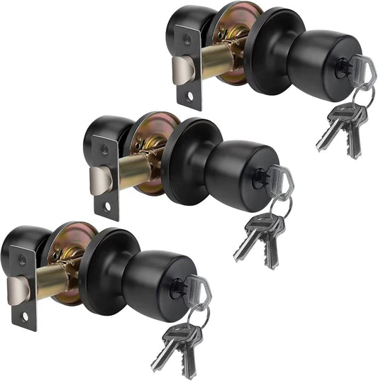 JO.KO Door Knob with Lock and Keyed, Round Ball Lock Interior/Exterior Door Knob for Bedroom Or Bathroom/Entry Door Handle (Matte Black 3Pack)