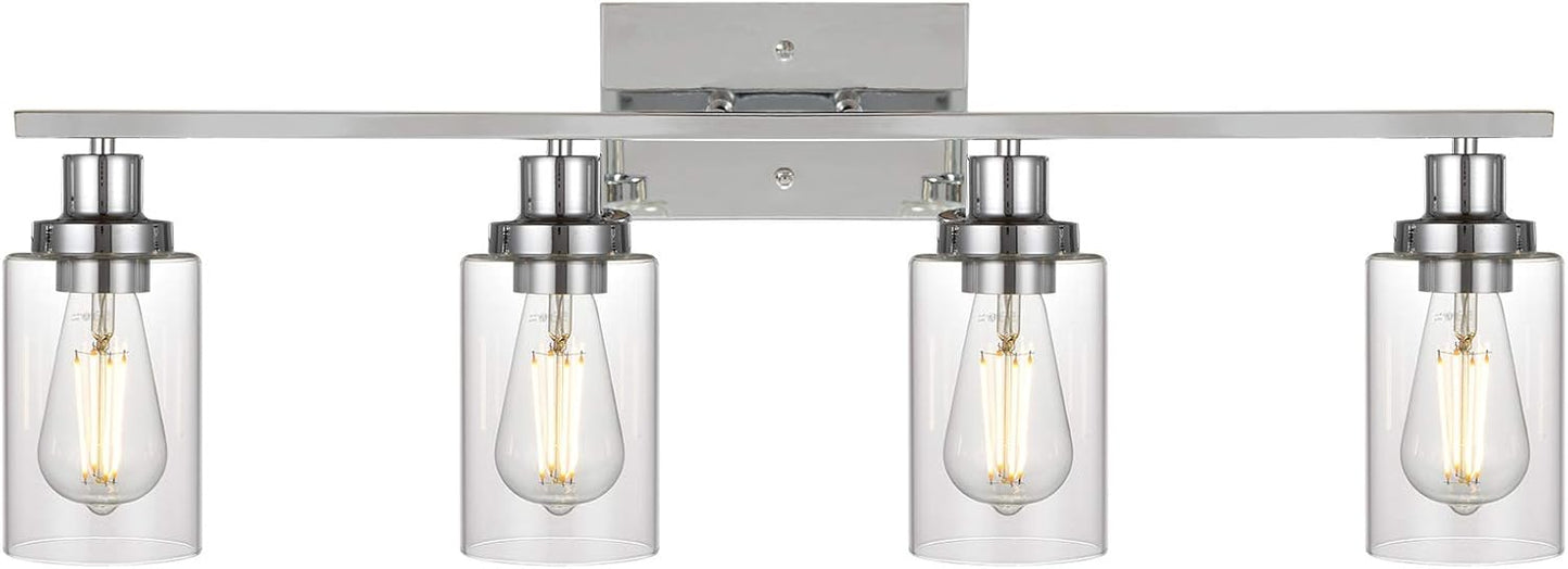 MELUCEE 4-Light Bathroom Lighting Fixtures with Clear Glass Shade Chrome Finish, Modern Vanity Light Wall Mount Lamp for Bedroom Dressing Table Mirror Cabinets Vanity Table (Patent No.: US D963914 S)