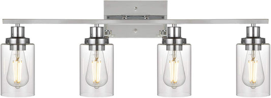 MELUCEE 4-Light Bathroom Lighting Fixtures with Clear Glass Shade Chrome Finish, Modern Vanity Light Wall Mount Lamp for Bedroom Dressing Table Mirror Cabinets Vanity Table (Patent No.: US D963914 S)