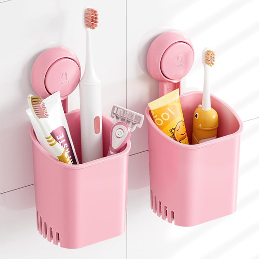 TAILI Suction Toothbrush Holder, Shower Toothbrush Holder for Wall, Powerful Toothpaste Toothbrush Suction Cup, Self-draining Shower Razor Holder, Kitchen Tableware Holder, 2 Pack, Pink