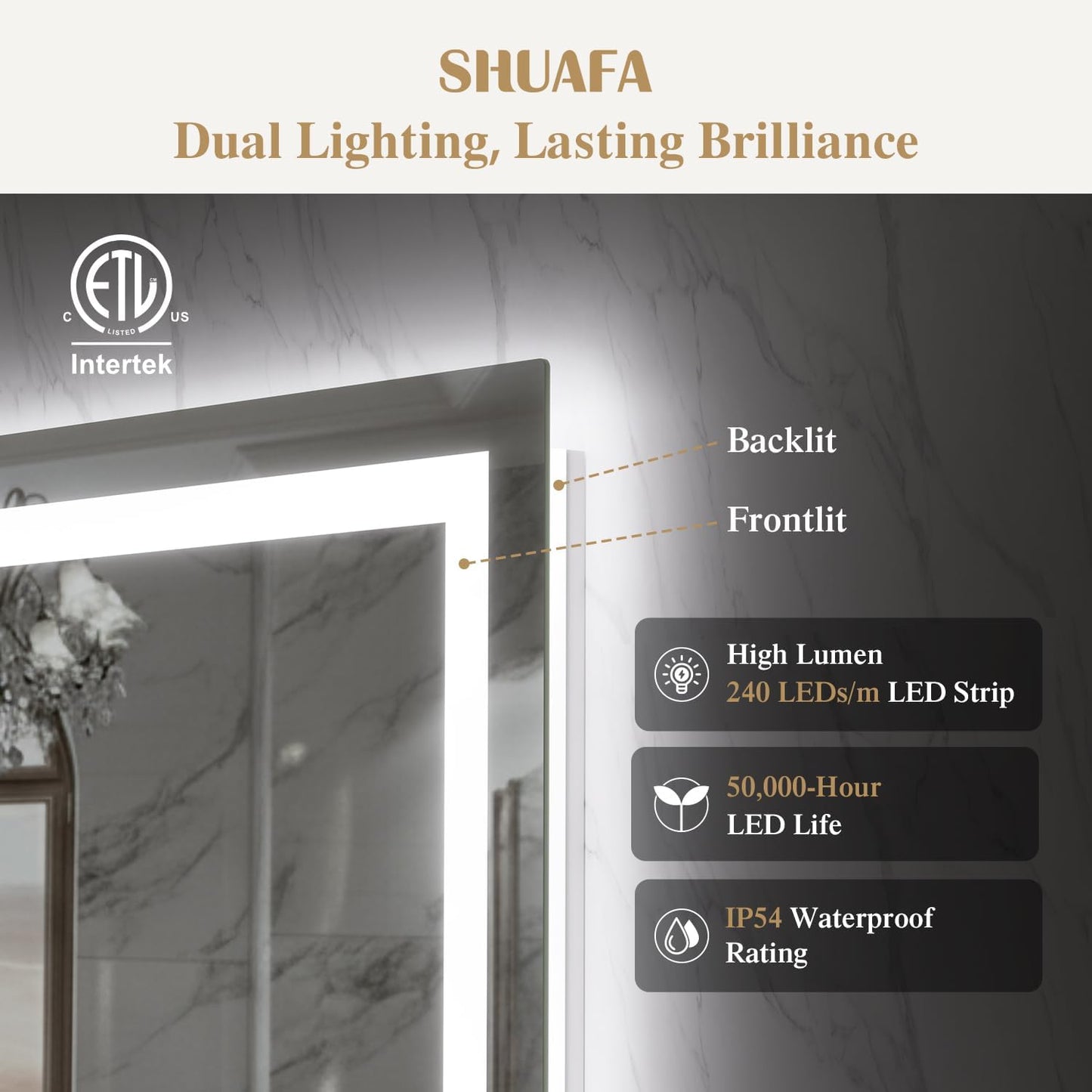 48X40 Inch LED Bathroom Mirror with Lights, Frontlit+ Backlit Bathroom Vanity Mirror for Wall, Ultra-Clear Tempered Glass, Shatter-Proof, Anti-Fog and Memory Function, ETL Listed