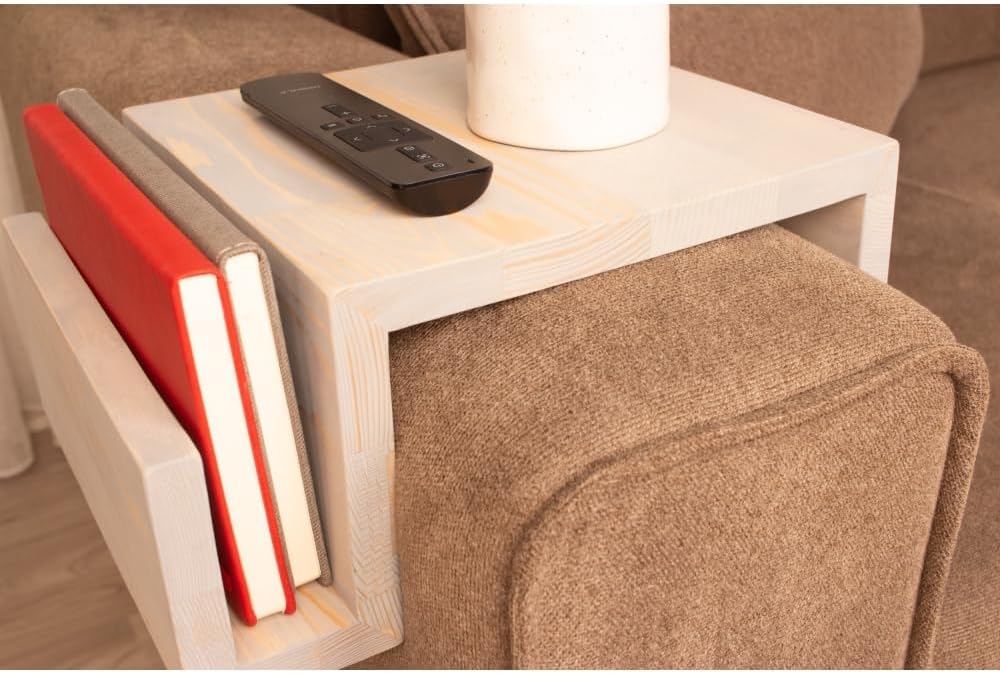 Wooden Couch Arm Tray – Sofa Armrest Table with Book & Magazine Holder, Perfect for Coffee & Remote Control, Solid Wood (Istanbul)