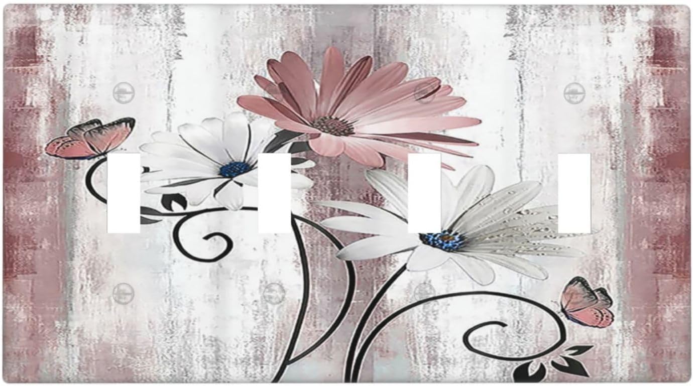 Light Switch Covers Pink White Daisy Butterfly Wood Grain Quad Toggle Electrical Faceplate 4 Gang Wall Plate Decorative Switch Plates for Farmhouse Bathroom Decor