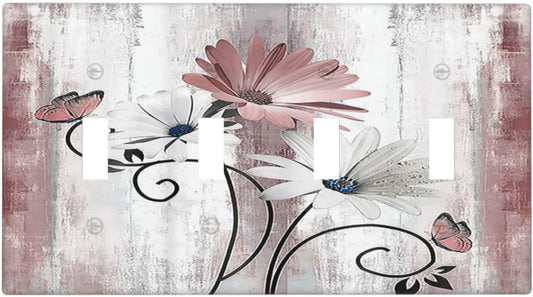 Light Switch Covers Pink White Daisy Butterfly Wood Grain Quad Toggle Electrical Faceplate 4 Gang Wall Plate Decorative Switch Plates for Farmhouse Bathroom Decor