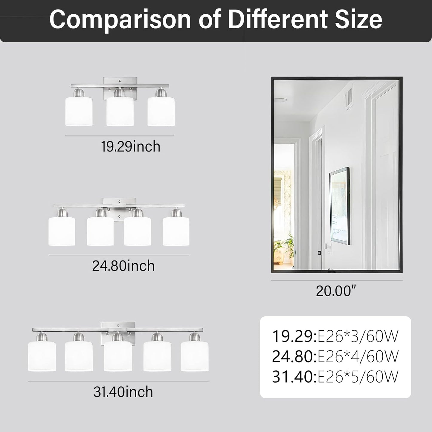 5 Light Bathroom Light Fixtures Brushed Nickel, Bathroom Vanity Light with Milky White Frosted Glass Shade, Vanity Lights for Mirror Bedroom Living Room E26 Base
