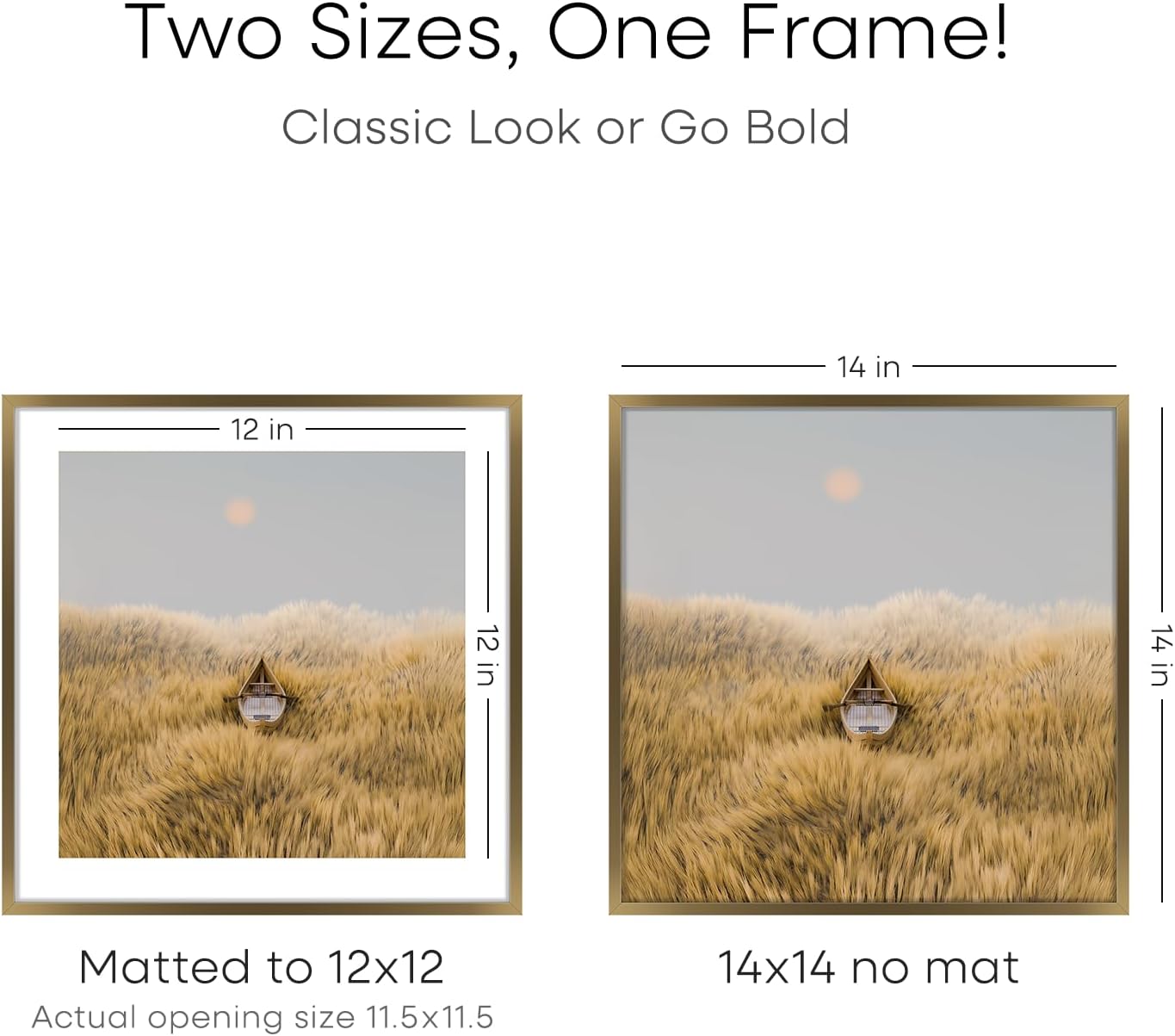Homeforia 14x14 Picture Bronze Frame, High End Metal 14 x 14 Square Poster Frame with Mat 12 x 12 Photo, 14x14 Brass Frame Matted to 12x12 Print, 14by14 Thin Frames, Tempered Glass, Wall Kit, Set of 2