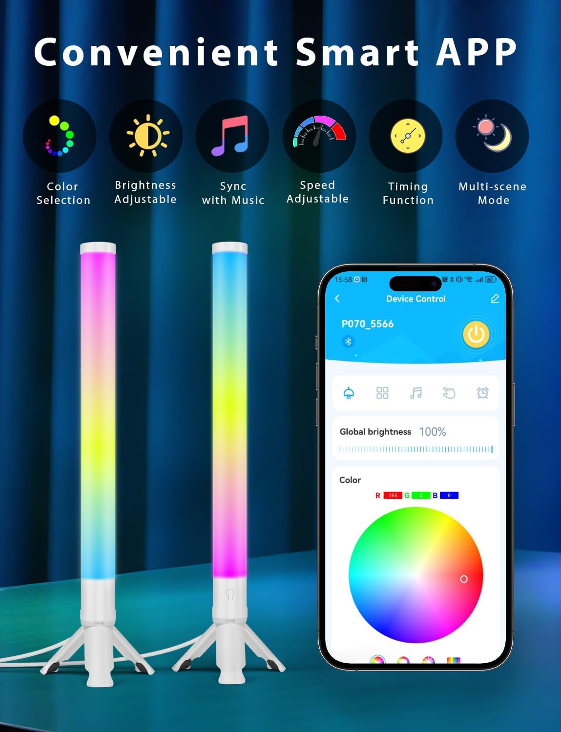 DAYBETTER RGB Light Bar, 360° Smart LED Light Bars for Room, Music Sync Gaming Lights, App & Remote Control Led Lights for TV Backlight, Desk Ambient Lighting for Game Room, Black