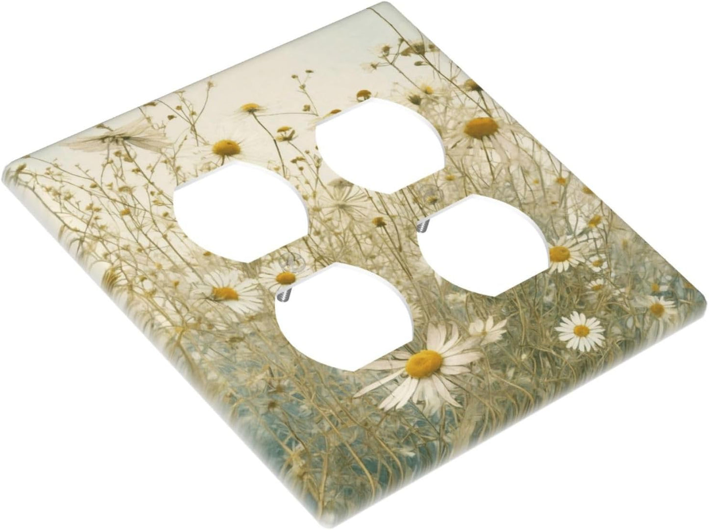 White Wildflowers Daisy Vintage Floral Outlet Covers 2 Gang Double Duplex Decorative Light Switch Covers Electrical Wallplates Socket Faceplate for Bed Room Living Room Decor