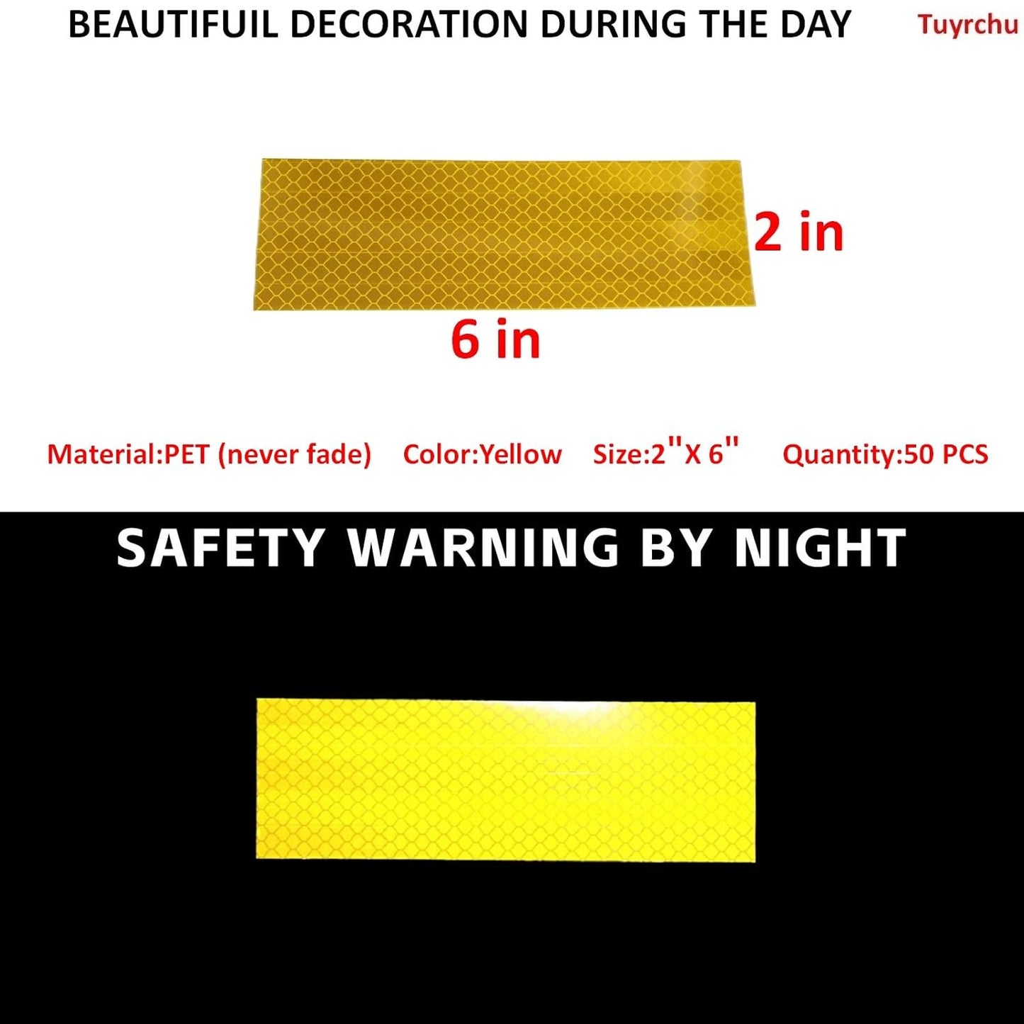 Non Fading Yellow Reflective Stickers 2 inch X 6 inch, Outdoor Waterproof High Visibility Warning Safety Adhesive Reflector Tape (50 Pcs)