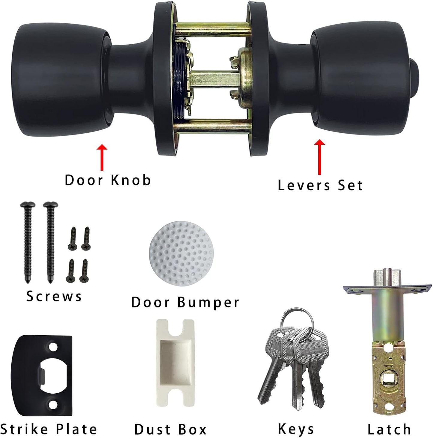 JO.KO 2 Pack Door Knob with Lock and Key, Round Ball Lock Interior/Exterior Door Knob for Bedroom Or Bathroom/Entry Door Handle (Matte Black 2Pack)