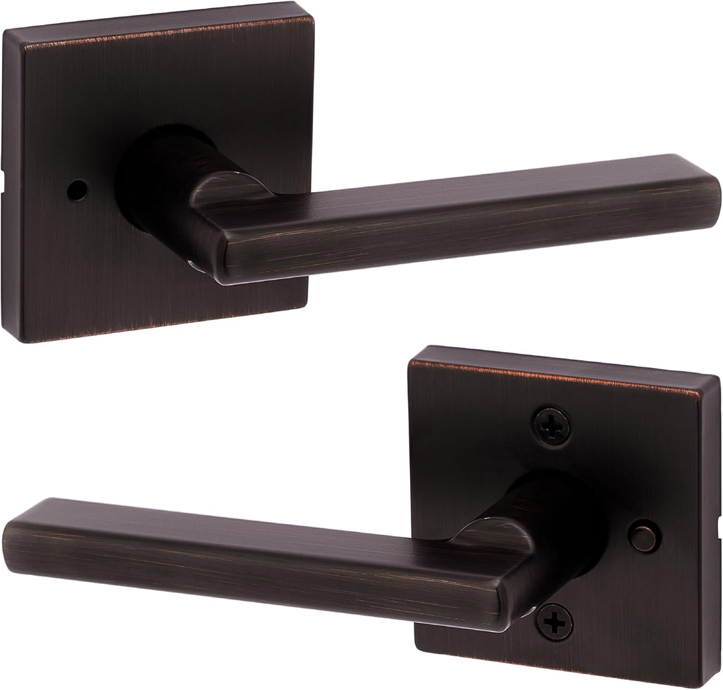 Kwikset Halifax Interior Privacy Door Handle with Lock, Door Lever For Bathroom and Bedroom, Venetian Bronze Reversible Keyless Push Button Lock Door Lever, with Microban Protection, Square Rose