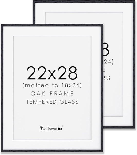 Fun Memories 22x28 Picture Frame Black 2 Pack, 22"x28" Oak Wood Frames for Wall, Rustic Poster Frames 22 x 28, 22x28 Matted Frame to 18x24, Tempered Real Glass, 22 by 28 Art Frame
