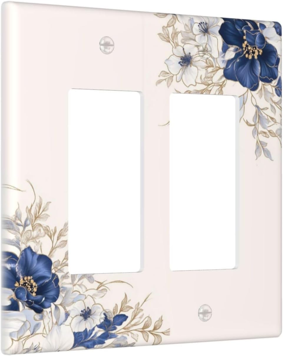 Decorative Outlet Covers Rustic Blue White Flowers Floral Penoy 2 Gang Wall Plate Double Rocker Two Switch Wall Cover Plate Jumbo Dual GFCI Face Plate for Bedroom Decor