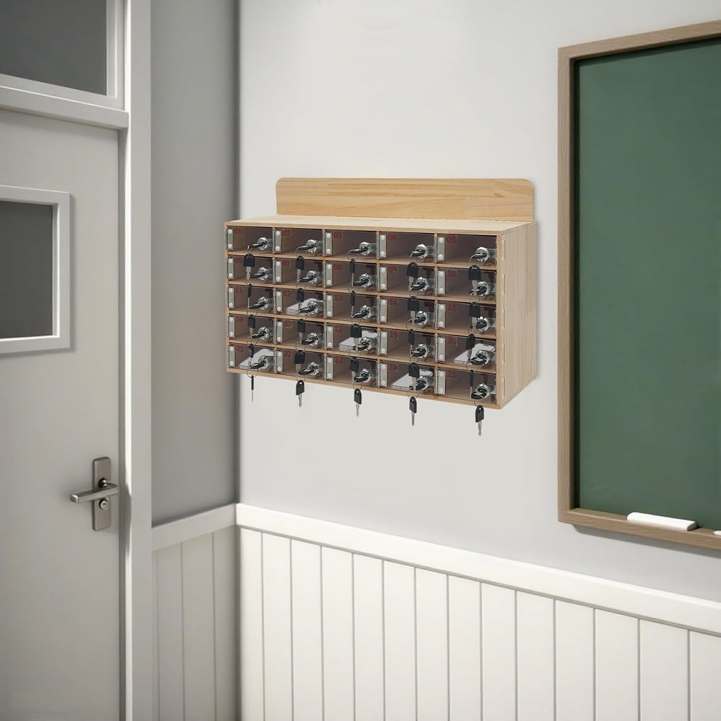 Cell Phone Locker Box 25 Slots Cell Phone Organizer Cabinet with Combination Locks Wall-Mounted Locking Cell Phone Storage Box for Classroom Office,Shool,Office (25 Slots, Wood+Acrylic)