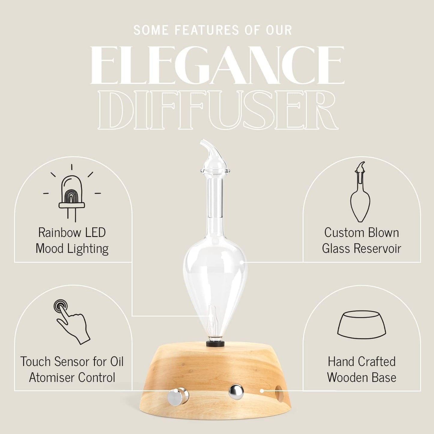 Elegance Aromatherapy Diffuser for Essential Oil, Waterless Glass Nebulizer w/Auto-Off Switch, BPA Free - Lightwood