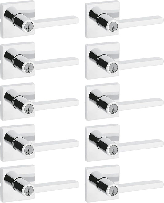 Kwikset Halifax Entry Door Handle with Lock and Key, Secure Keyed Reversible Lever Exterior, for Front Entrance and Bedrooms, Polished Chrome, 10 Pack, Pick Resistant SmartKey Rekey Security