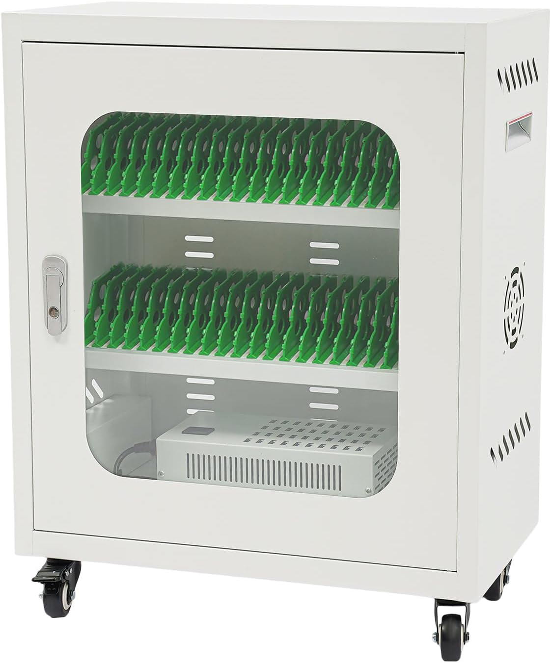 40-Port Mobile Phone Charging Station Cart - Heavy Duty Charging Cabinet for Schools & Offices, 400W Rechargeable Cellphone Locker Storage Lockable Tempered Glass Door & Wheels (White)
