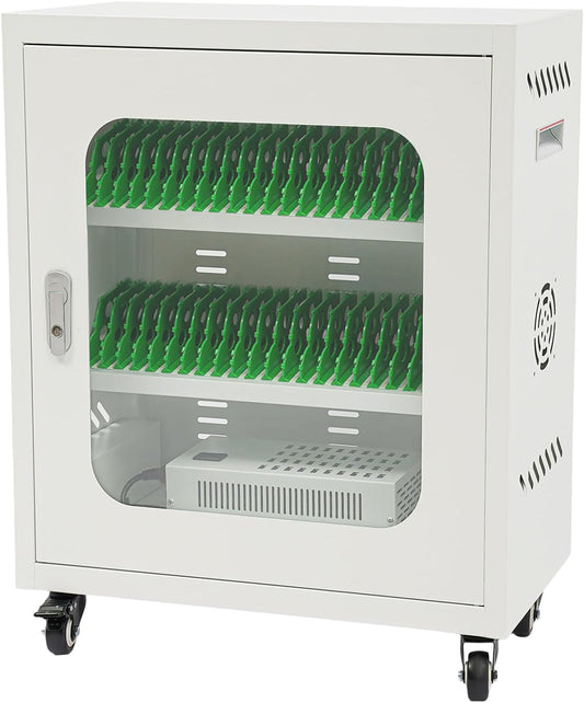 40-Port Mobile Phone Charging Station Cart - Heavy Duty Charging Cabinet for Schools & Offices, 400W Rechargeable Cellphone Locker Storage Lockable Tempered Glass Door & Wheels (White)