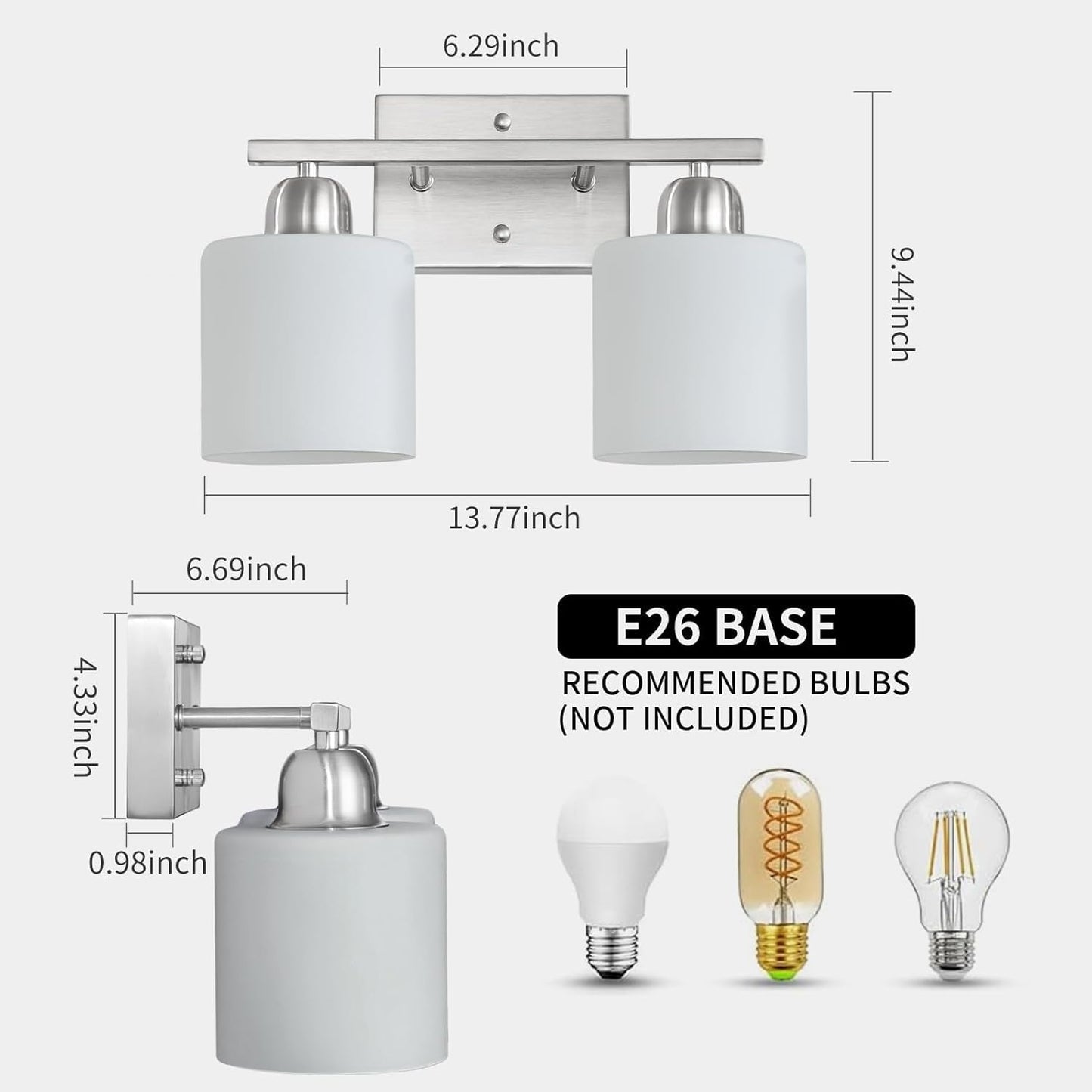 Brushed Nickel Bathroom Light, 2 Light Bathroom Vanity Light Brushed Nickel, Vanity Lamp with Milky White Frosted Glass Shades, E26 Socket