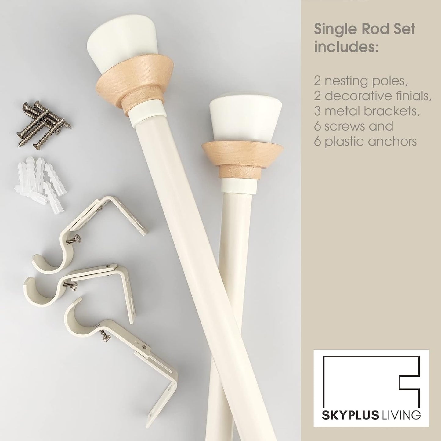 Nordic Style White Single Curtain Rod Set with Decorative Finials, 36-72 inch, Standard Single Drapery Rod for 1 Pack, 1 Inch diameter, Adjustable Length (36-72'', White)