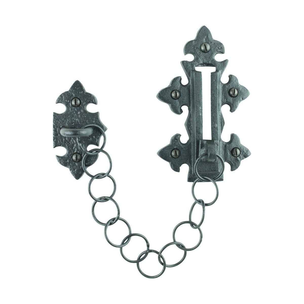 Renovators Supply Manufacturing Black Chain Door Latches Slide Latch Bolt 5" Long Wrought Iron Colonial Chain Type Door Guard Extra Security Rust Resistant Privacy Latches with Hardware Pack of 4