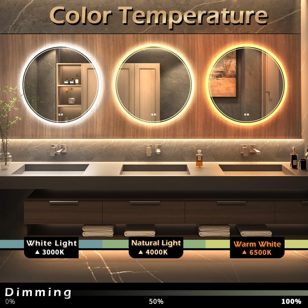 KWW Round Mirror Bathroom LED Lighted Mirror, Illuminated Dimmable Anti-Fog Wall-Mounted Makeup Vanity Mirror with Lights (39.5" L x 39.5" W)