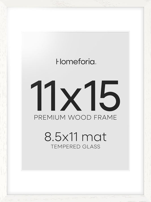 Homeforia White Frame 11x15 Wood, High End Oak 11x15 Picture Frames with Mat 8.5x11, 11 x 15 White Wooden Poster Frames Matted to 8.5 x 11 inch Photo, 15by11 Frames, Tempered Glass, Wall Kit, Set of 1