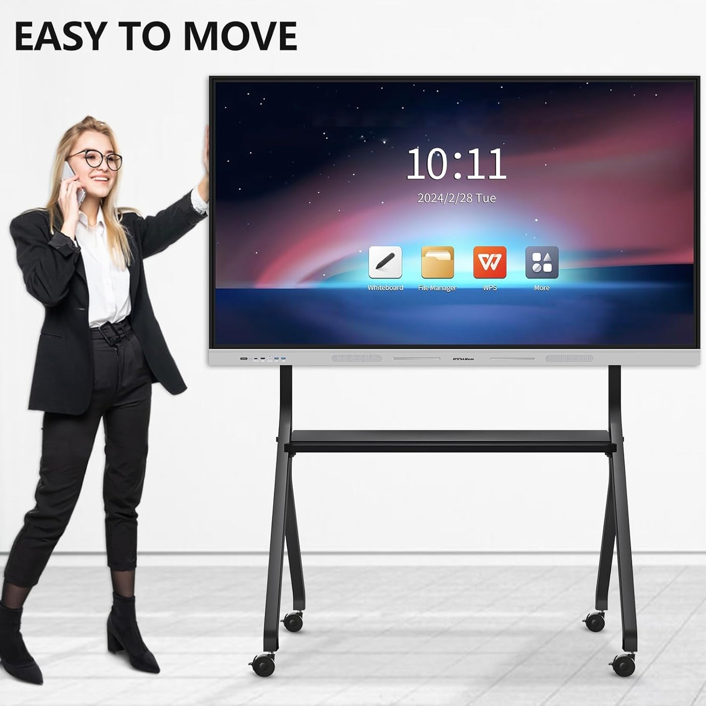 Smart Board Stand for 55-75 Inch Electronic Whiteboard Screens, Lockable Wheels, Portable Design for Classroom, Home, Office