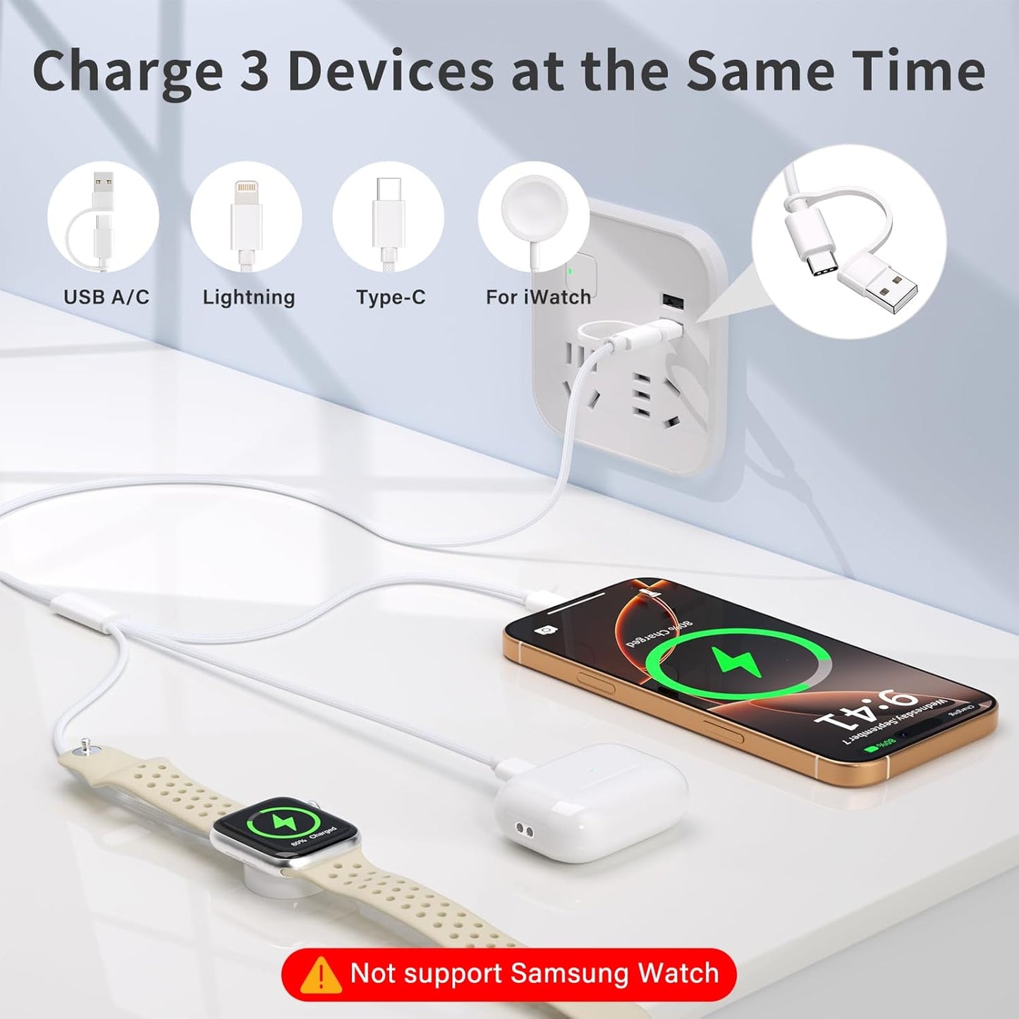 Travel Essentials,3 in 2 USB C Cable for Apple Watch Charger ，Multi Charging Cable Cord,Vacation Camping RV Essentials,Portable Designed for iWatch Series 11-2/Ultra/SE &iPhone 17-12-4FT