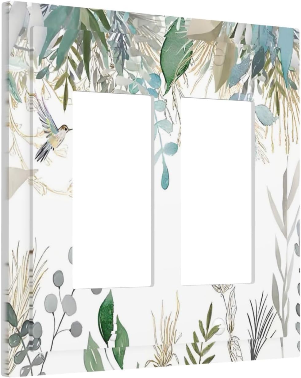 Green Tropical Palm Leaves Flower Plants Hummingbird Decorative Outlet Covers 2 Gang Double GFCI Rocker Electrical Wall Panels Light Switch Cover Plate for Bed Room Living Room Decor