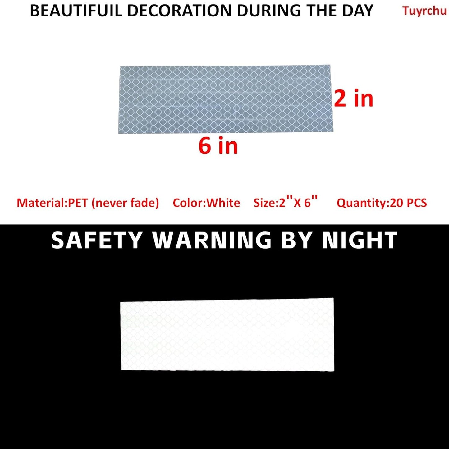 Non Fading White Reflective Stickers 2 inch X 6 inch, Outdoor Waterproof High Visibility Warning Safety Adhesive Reflector Tape (20 Pcs)