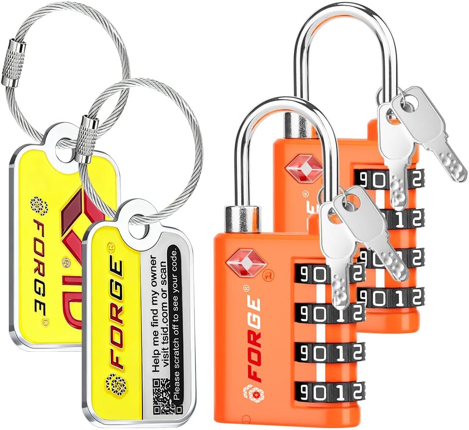 Forge Dual-Opening: Key or Combination Lock, TSA Approved Lock for Luggage, Pelican case, Travel, Gym, School, Luggage Combination Lock, Travel Bag Lock (Orange 2 Locks and 2 ID)