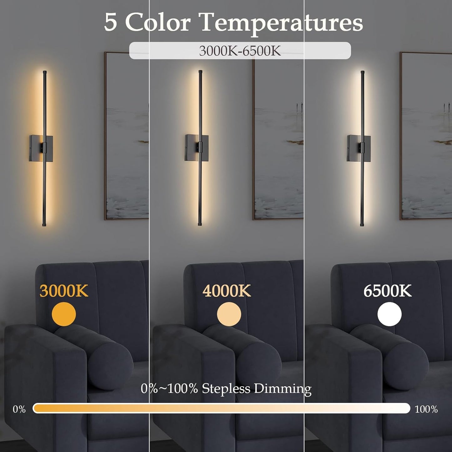 LED Wall Sconces with Remote Control, 5 Colors 3000K-6500K & Dimmable, Hardwire Wall Light with Timer & Night Light, LED Black Wall Lamps for Living Room, Bedroom, 27.55 Inch