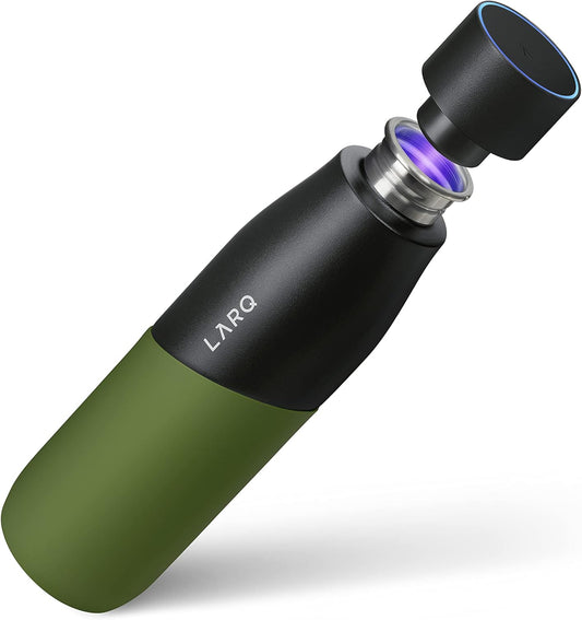 LARQ Bottle Movement PureVis 24 oz- Lightweight Self-Cleaning and Non-Insulated Stainless Steel Water Bottle with UV Water Purifier | Reusable & Travel Friendly, Black/Pine